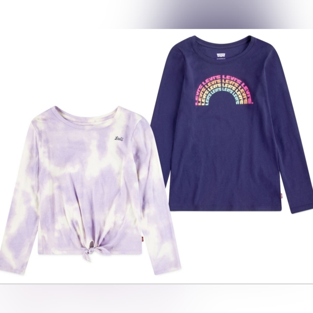 2 Piece Set Levi's Girls' Long Sleeve Tees, Lavender Cloud, Navy 4/5, NWT
